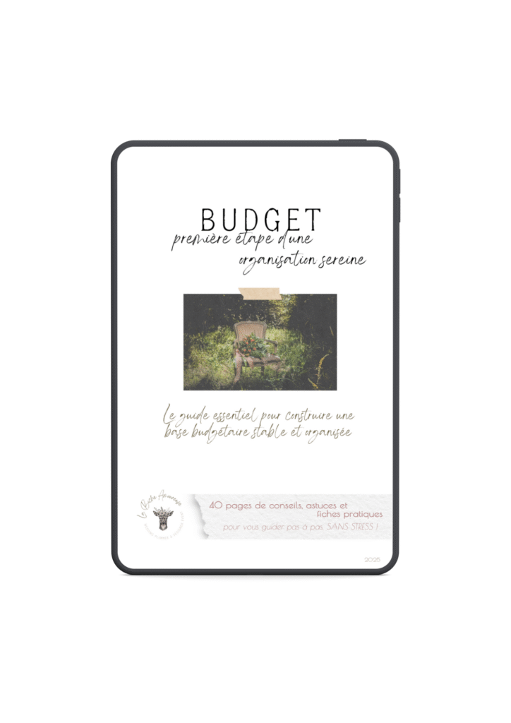 Couverture du guide Ebook 'Budget : première étape d'une organisation sereine', vue sur tablette, pour aider les futurs mariés à établir un budget clair et structuré