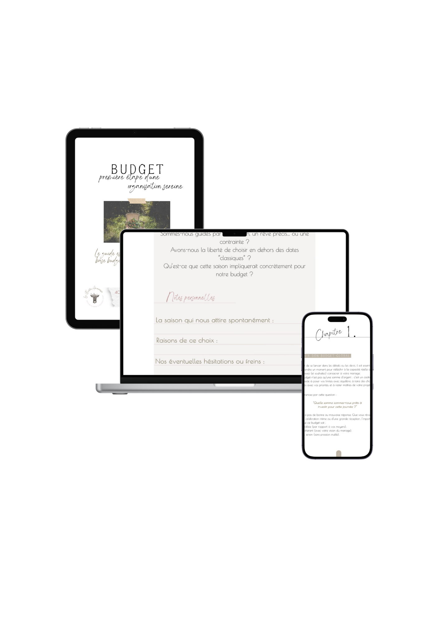 Présentation multi-supports du guide Ebook 'Budget : première étape d'une organisation sereine', sur tablette, ordinateur et smartphone, avec aperçu des fiches pratiques et chapitres détaillés pour planifier sereinement le budget de mariage